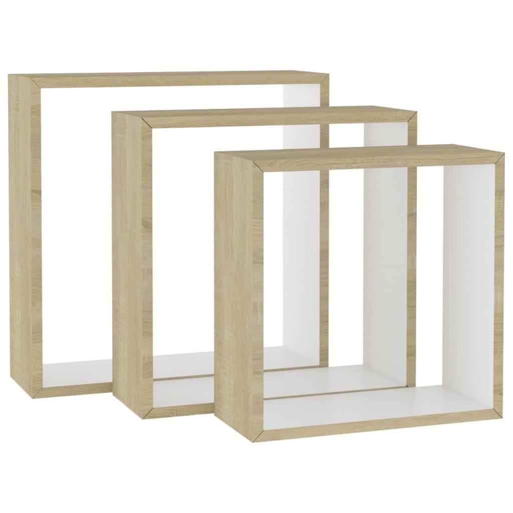 White and Sonoma Oak Floating Wall Shelves Set of 3