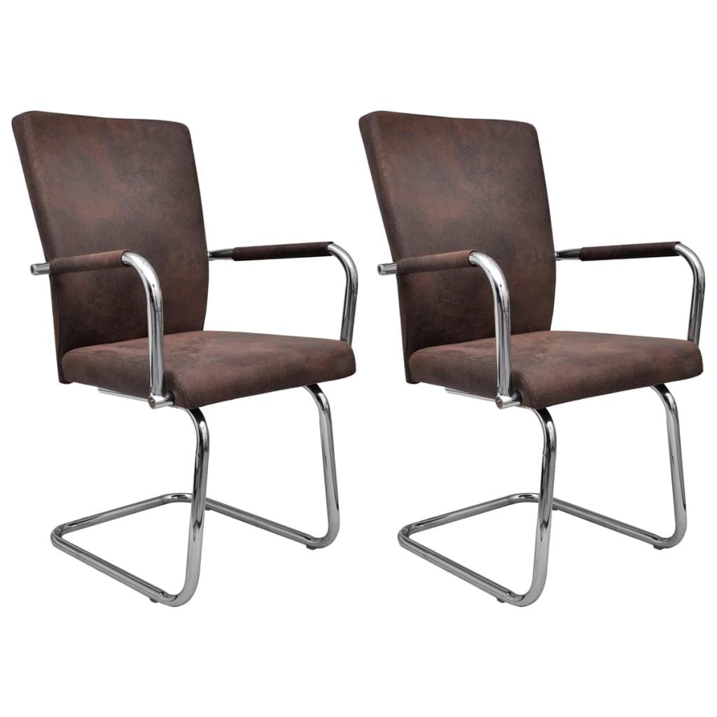 Brown Faux Suede Leather Cantilever Dining Chairs, Set of 2