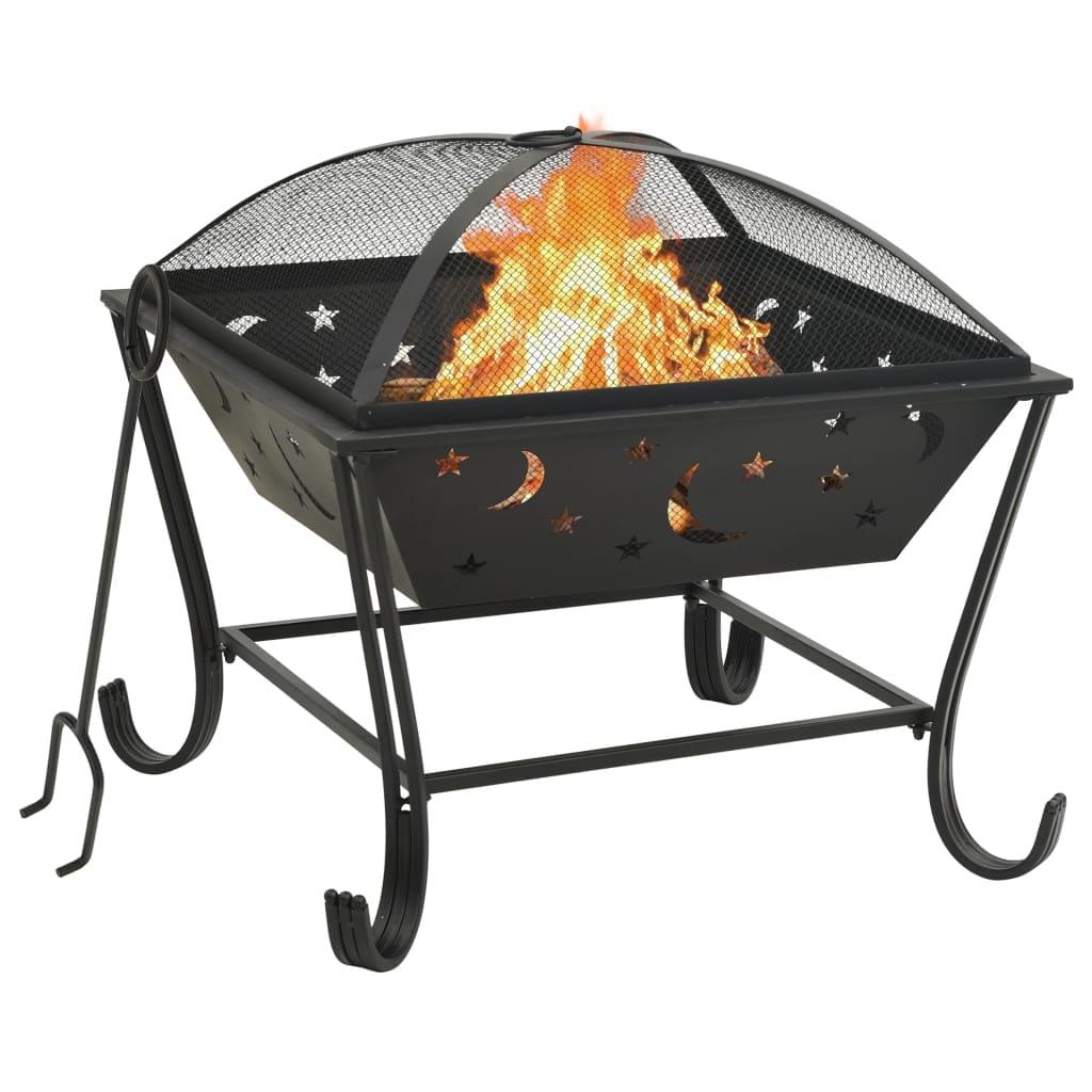 Black Steel Outdoor Fire Pit with Mesh Cover and Poker