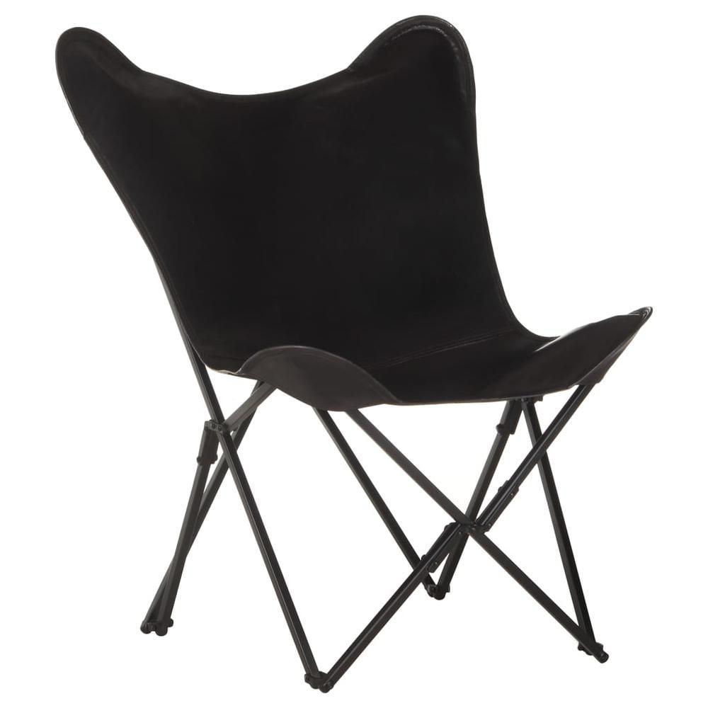 Foldable Ergonomic Butterfly Chair in Black Real Leather