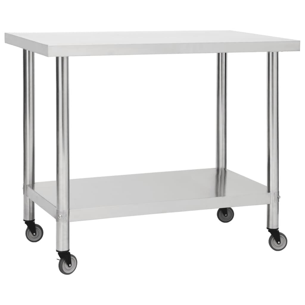 vidaXL Kitchen Work Table, with Wheels 39.4"x17.7"x33.5" Stainless Steel