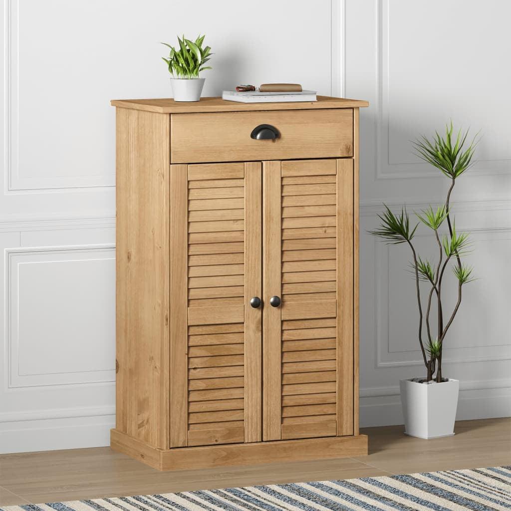 Brown Pine Wood Shoe Cabinet with Metal Handles