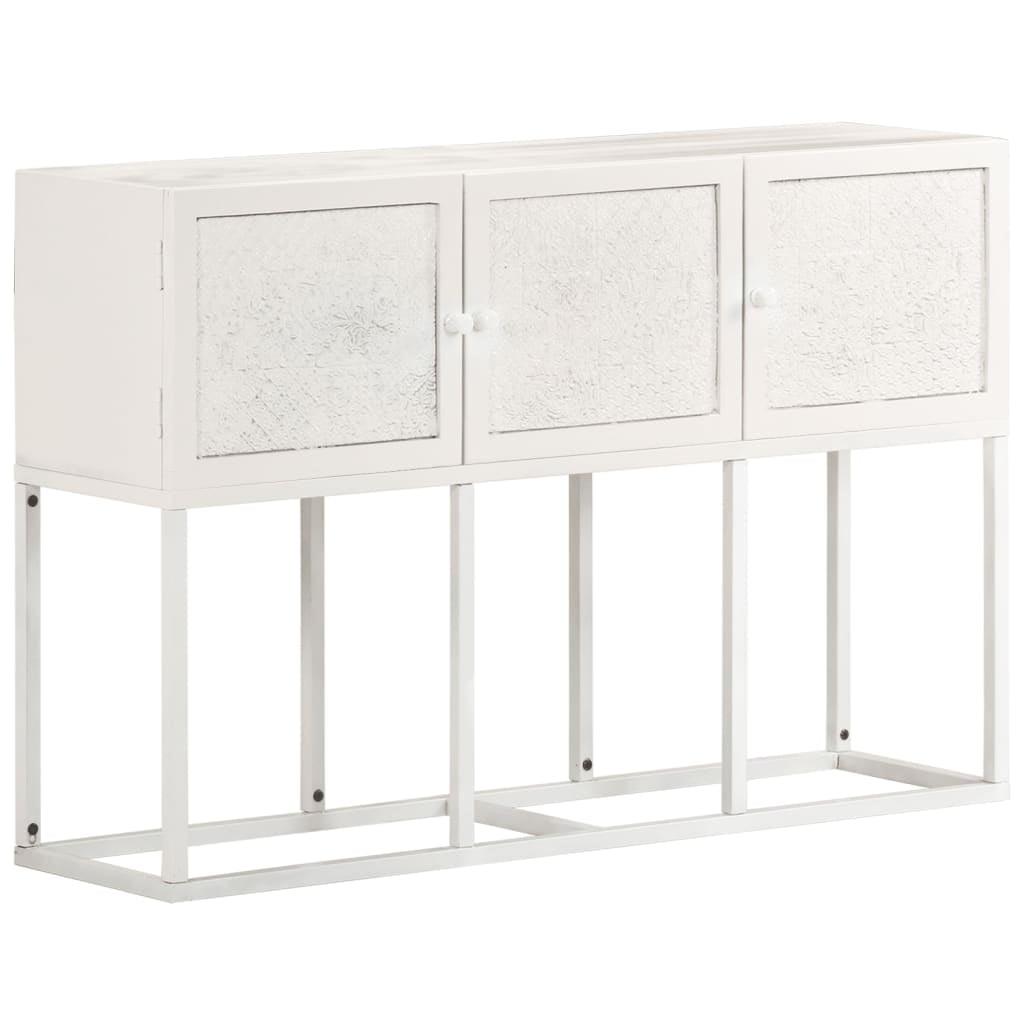 White Solid Mango Wood and Steel Sideboard with Carved Design