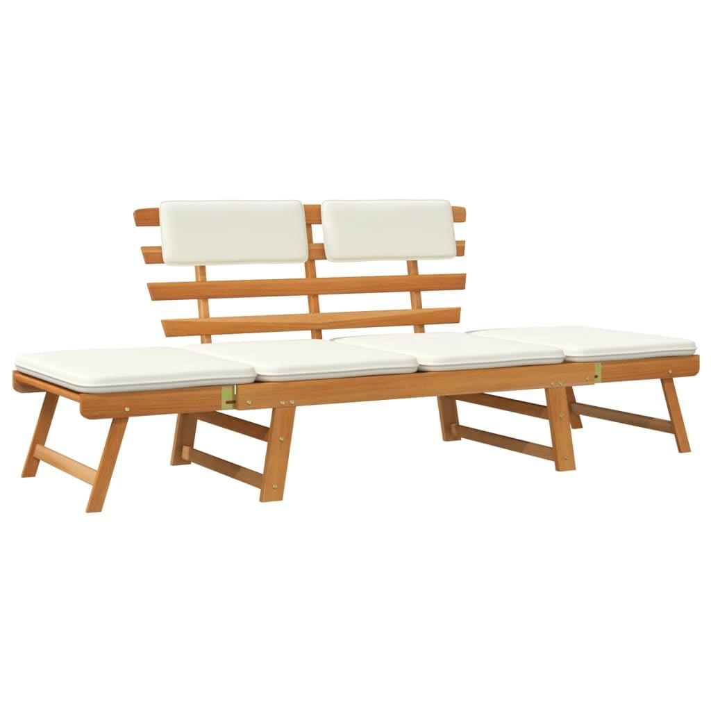 Acacia Wood Convertible Patio Bench-Daybed with Brown and White Cushions