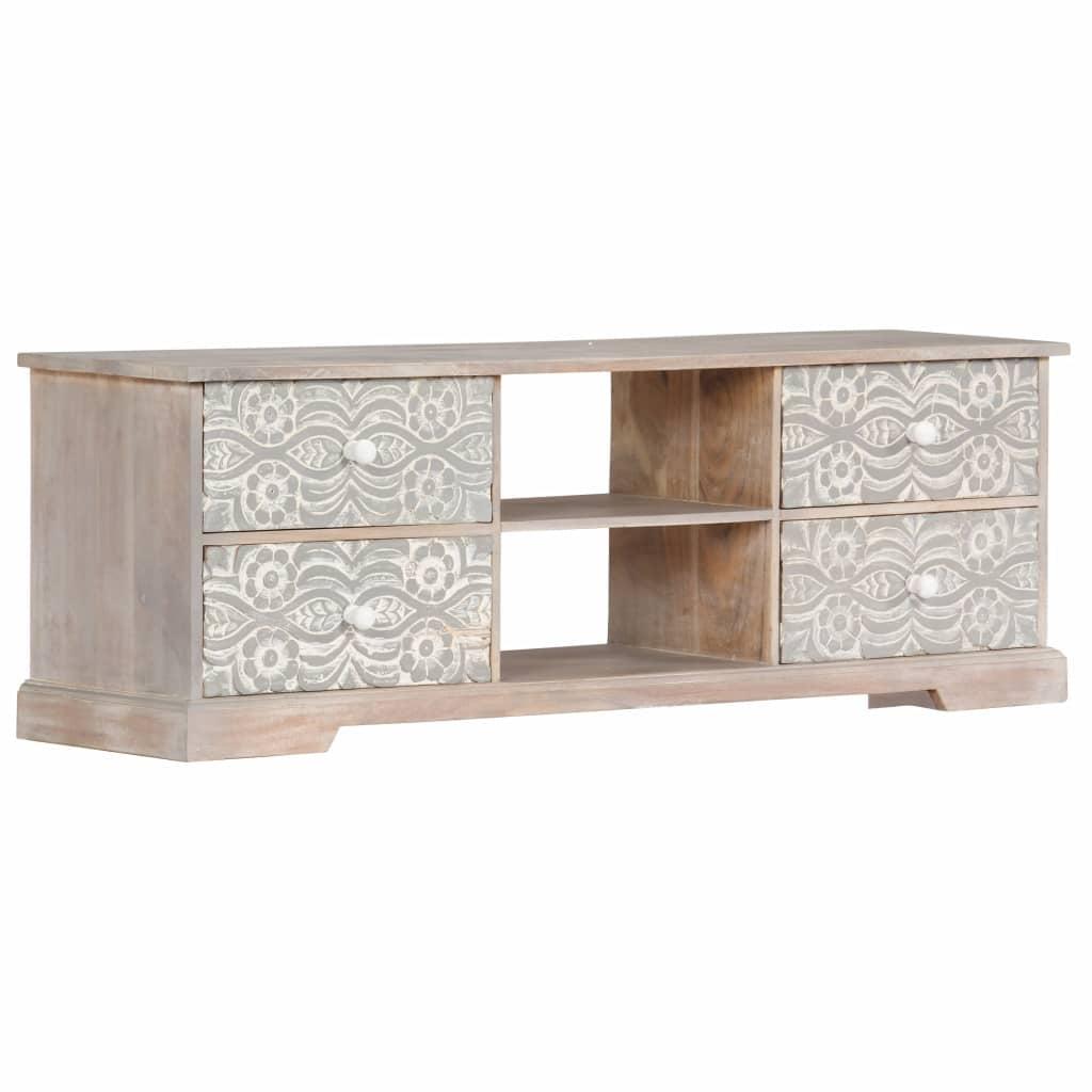 Elegant Acacia Wood TV Cabinet with Hand-Carved Patterns, White