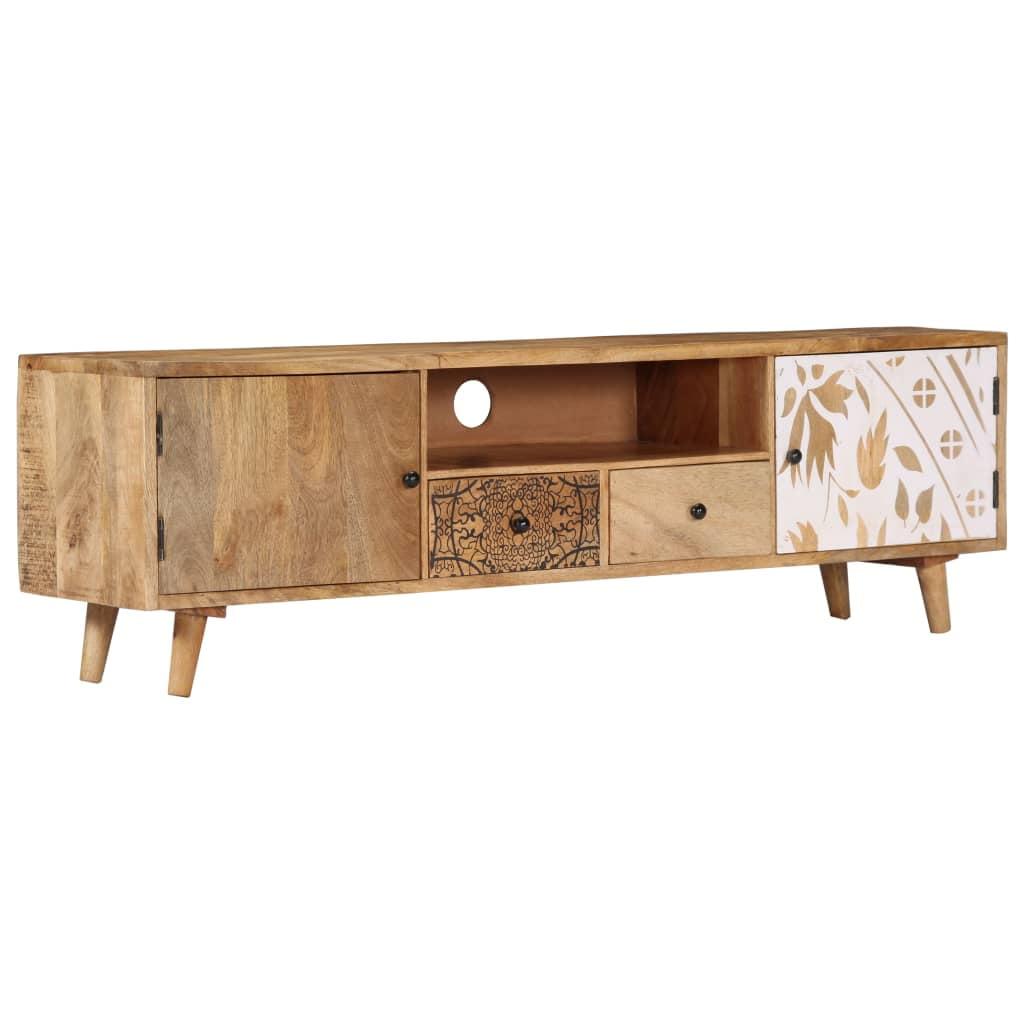 Mid-Century Mango Wood TV Stand with Floral Print