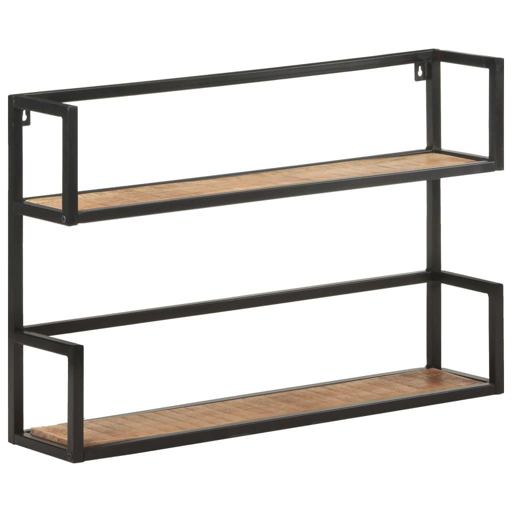 Black Iron and Rough Mango Wood Wall Shelf with Two Tiers