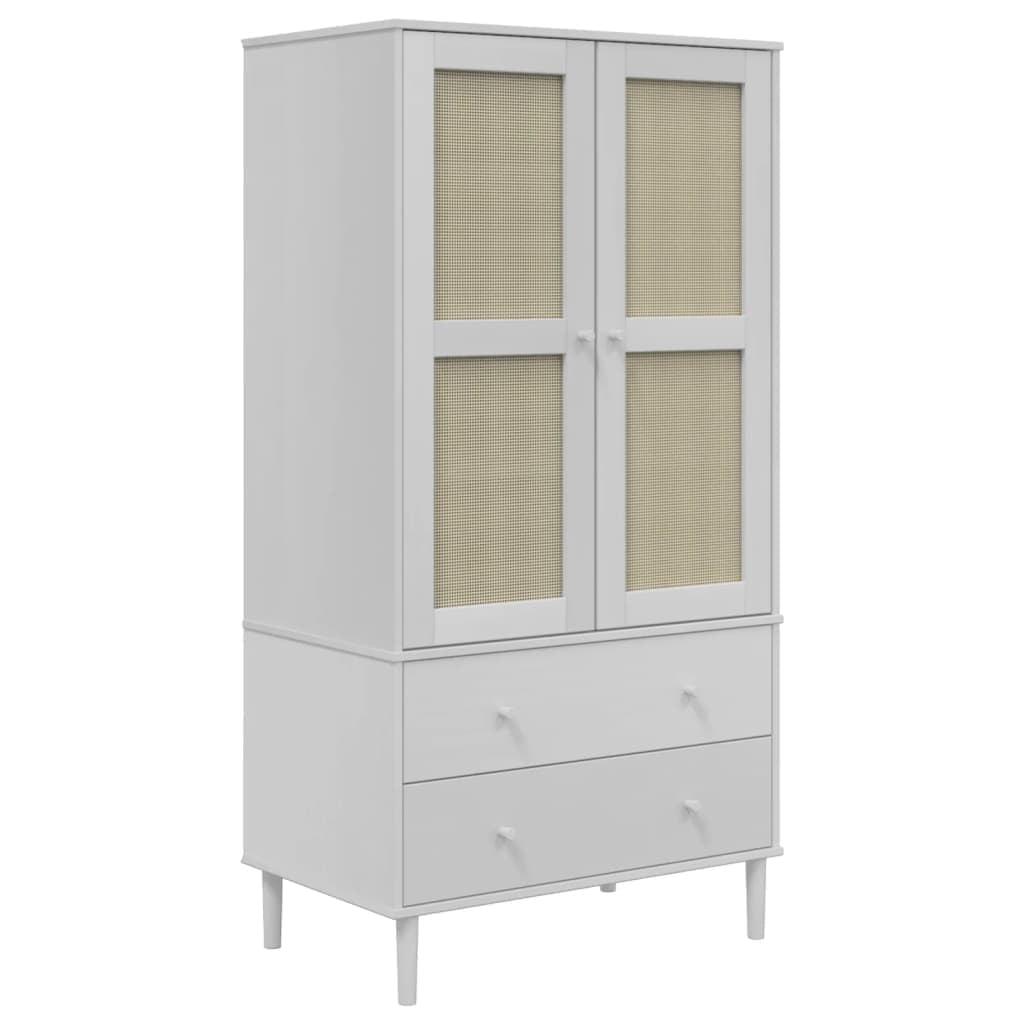 White Pine Wood Wardrobe with Rattan Doors