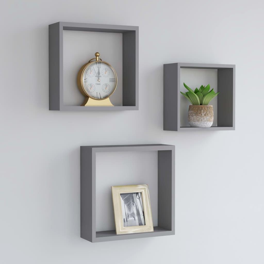 Gray MDF Floating Wall Cube Shelves Set of 3