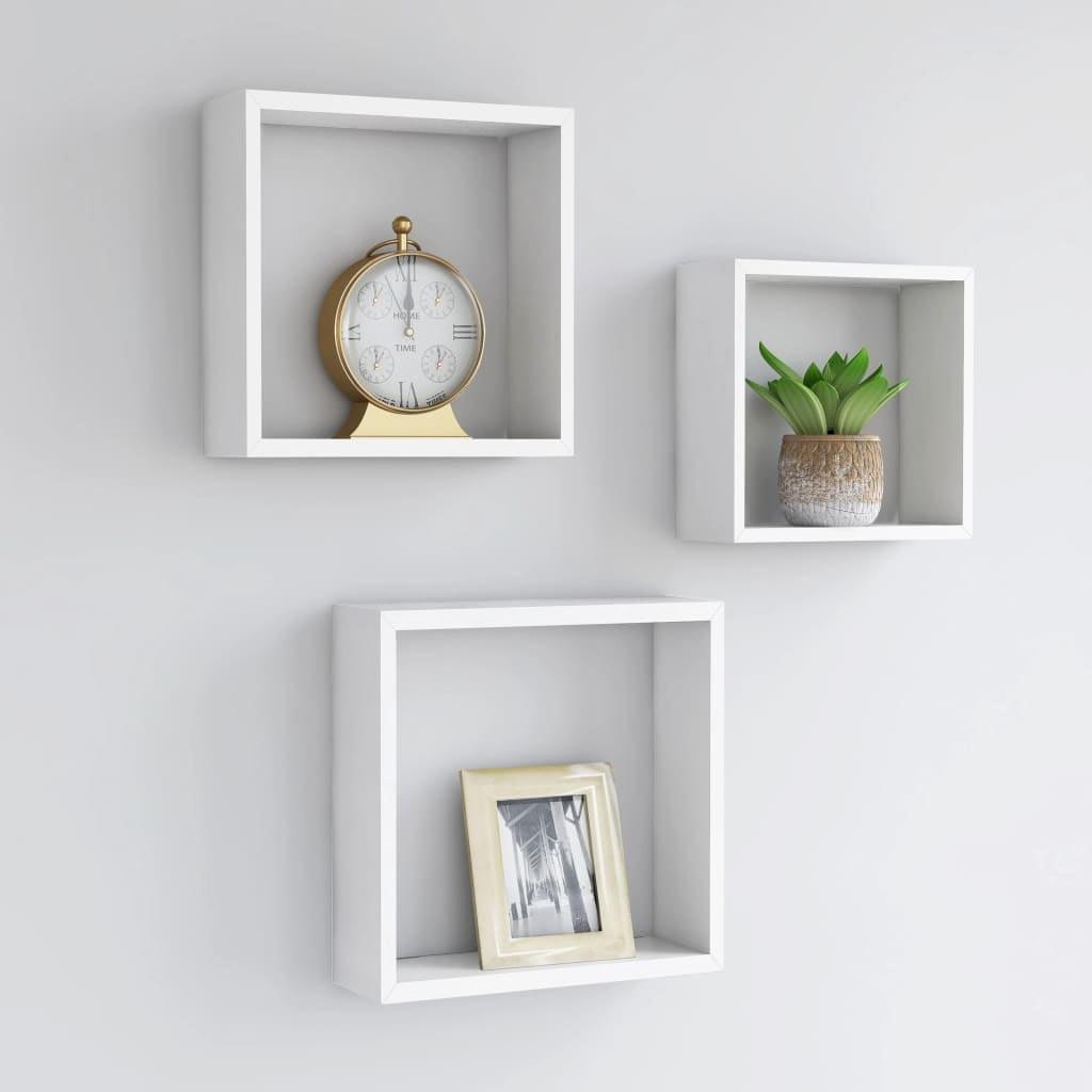 Modern White MDF Floating Cube Wall Shelves, Set of 3