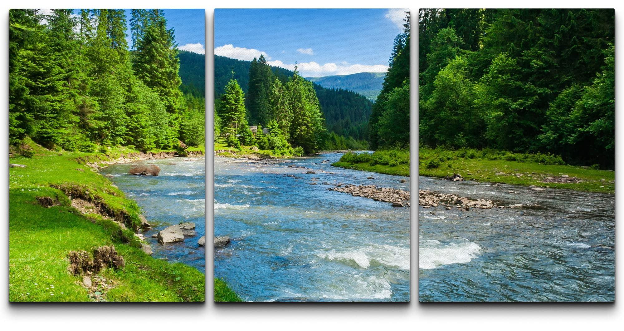 wall26 - 3 Piece Canvas Wall Art - Landscape with Mountains Trees and a River in Front - Modern Home Art Stretched and Framed Ready to Hang - 16"x24"x3 Panels