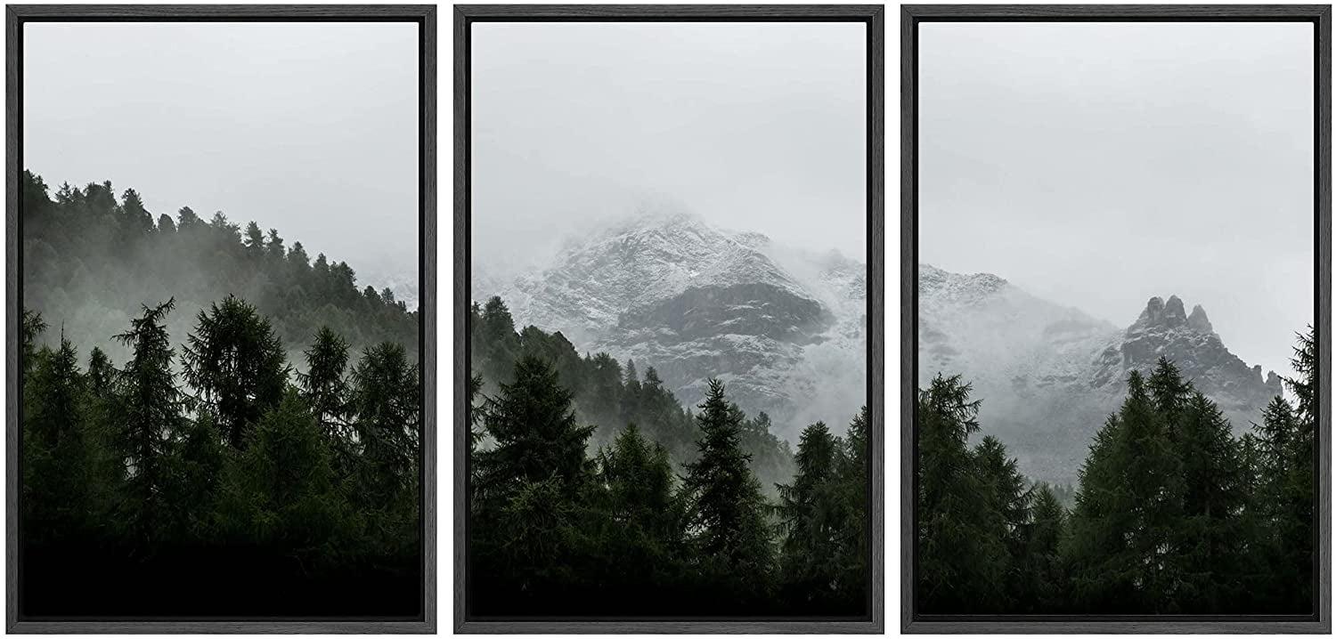 IDEA4WALL Misty Forest Landscape Mountain With Fog Natural Framed Canvas 3 Pieces Photograph Print Wall Art