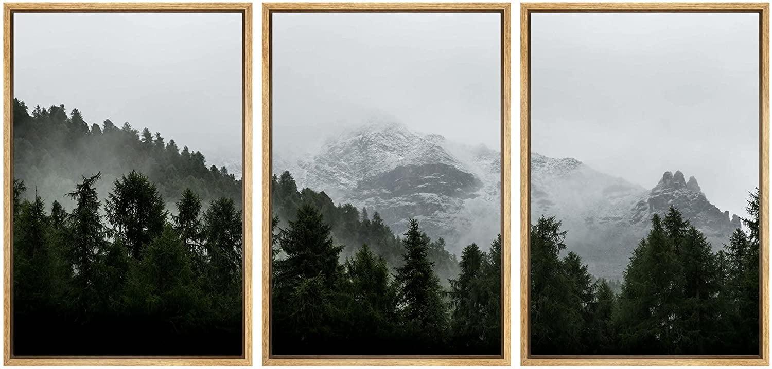 IDEA4WALL Misty Forest Landscape Mountain With Fog Natural Framed Canvas 3 Pieces Photograph Print Wall Art