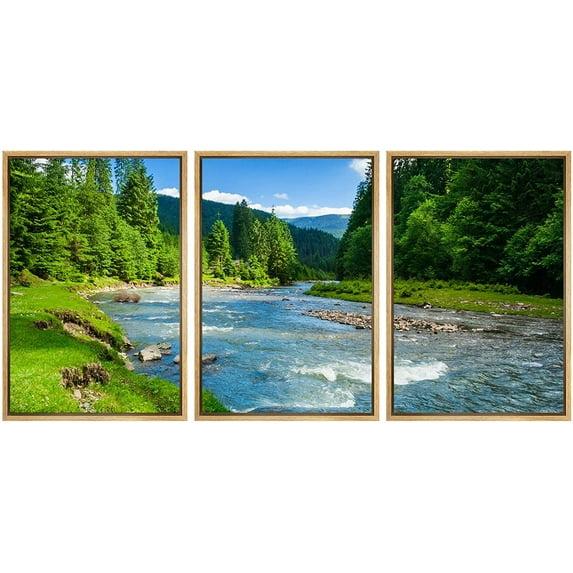 wall26 - 3 Piece Canvas Wall Art - Landscape with Mountains Trees and a River in Front - Modern Home Art Stretched and Framed Ready to Hang - 24"x36"x3 Panels