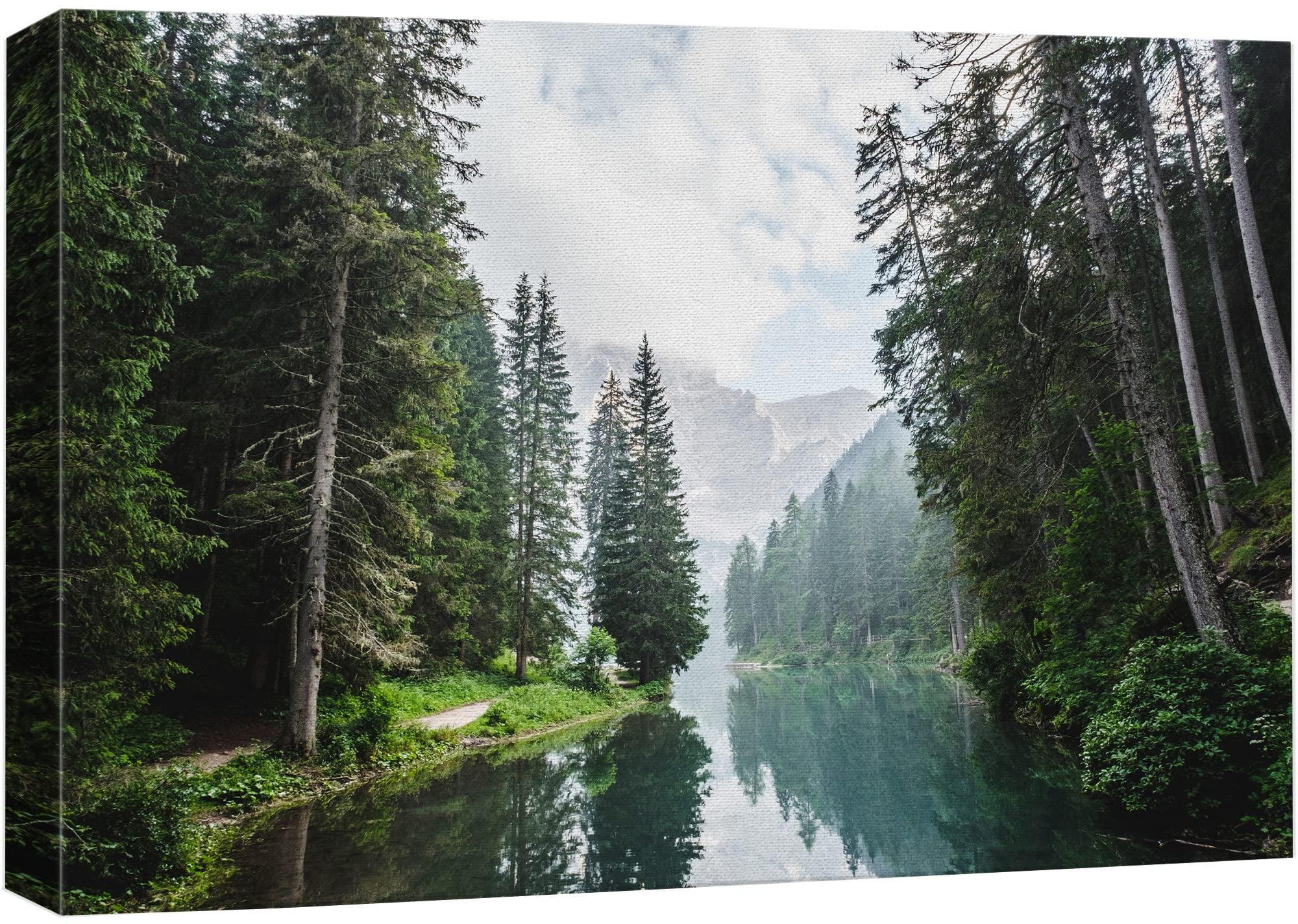 wall26 Canvas Print Wall Art Fall Green Forest with Lake Reflection Nature Wilderness Photography Modern Art Rustic Scenic Colorful Multicolor for Living Room, Bedroom, Office - 24"x36"