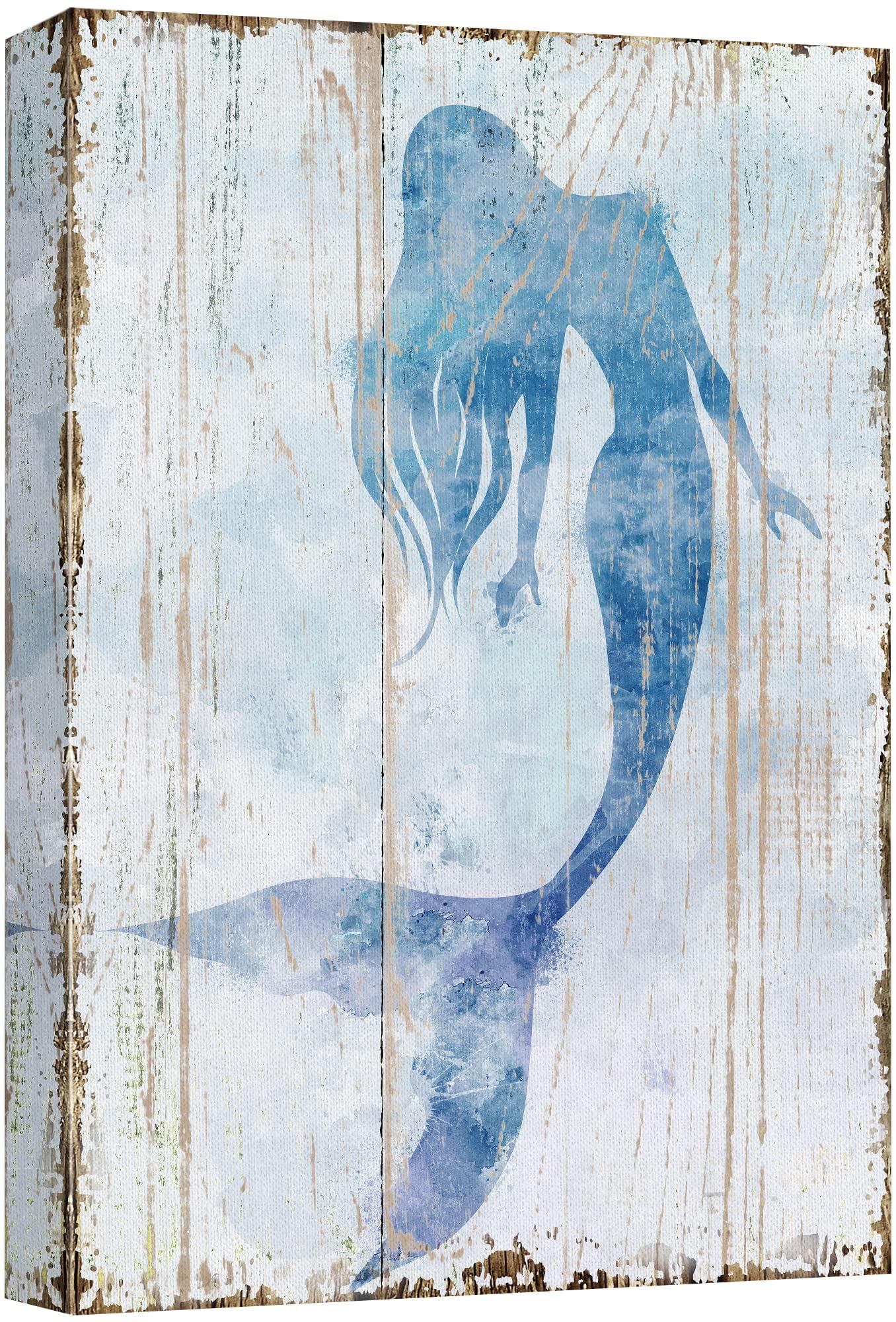 wall26 Canvas Print Wall Art Mermaid Swimming on Watercolor Wood Panels Fantasy & Sci-Fi Ocean Illustrations Modern Art Rustic Scenic Relax/Calm Multicolor for Living Room, Bedroom, Office - 16&q