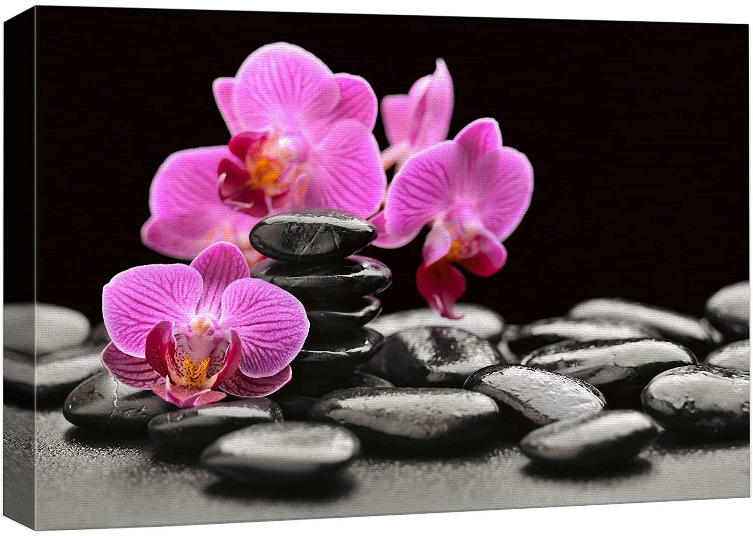 IDEA4WALL Zen Stones Purple Orchid Flowers Black Beach Pebbles Nature Wilderness On Canvas Print