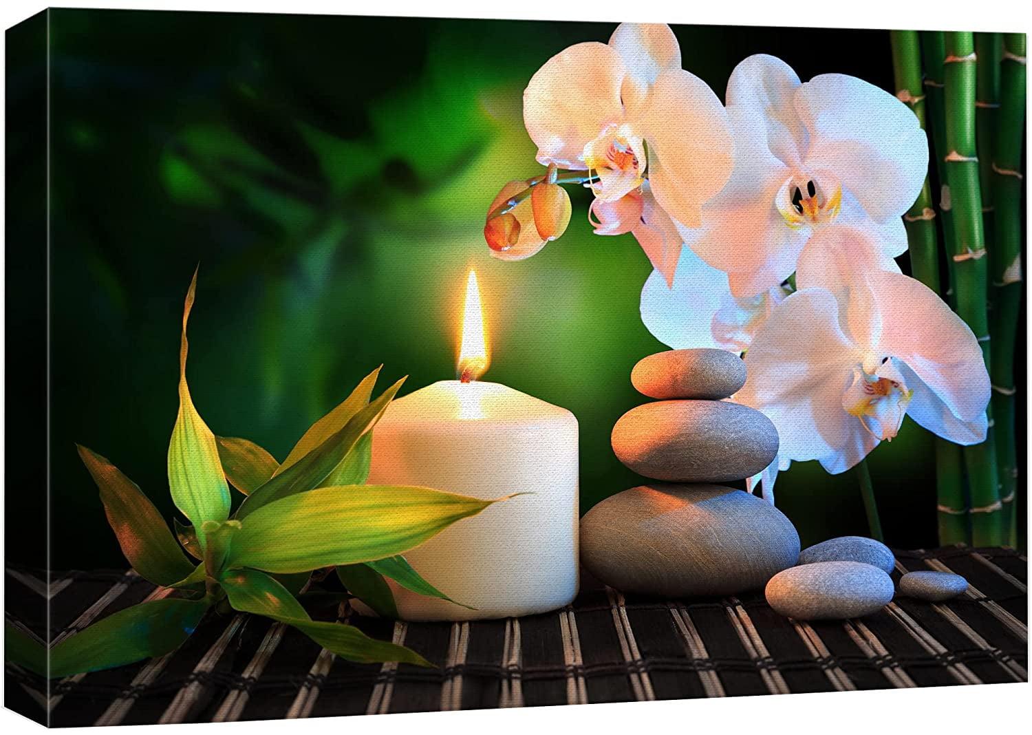IDEA4WALL Zen Stones Relaxing Candle White Orchid Massage Stone Bamboo Forest Nature Yoga On Canvas Print