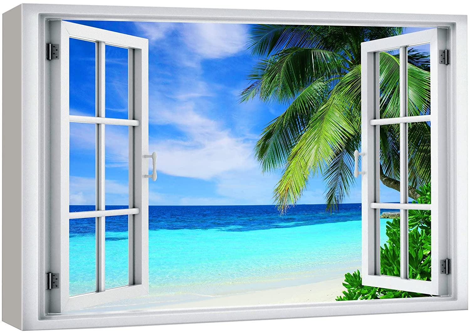 IDEA4WALL Window Scenery " Window View Teal Blue Beach Shore Tropical Island Wilderness Nature "