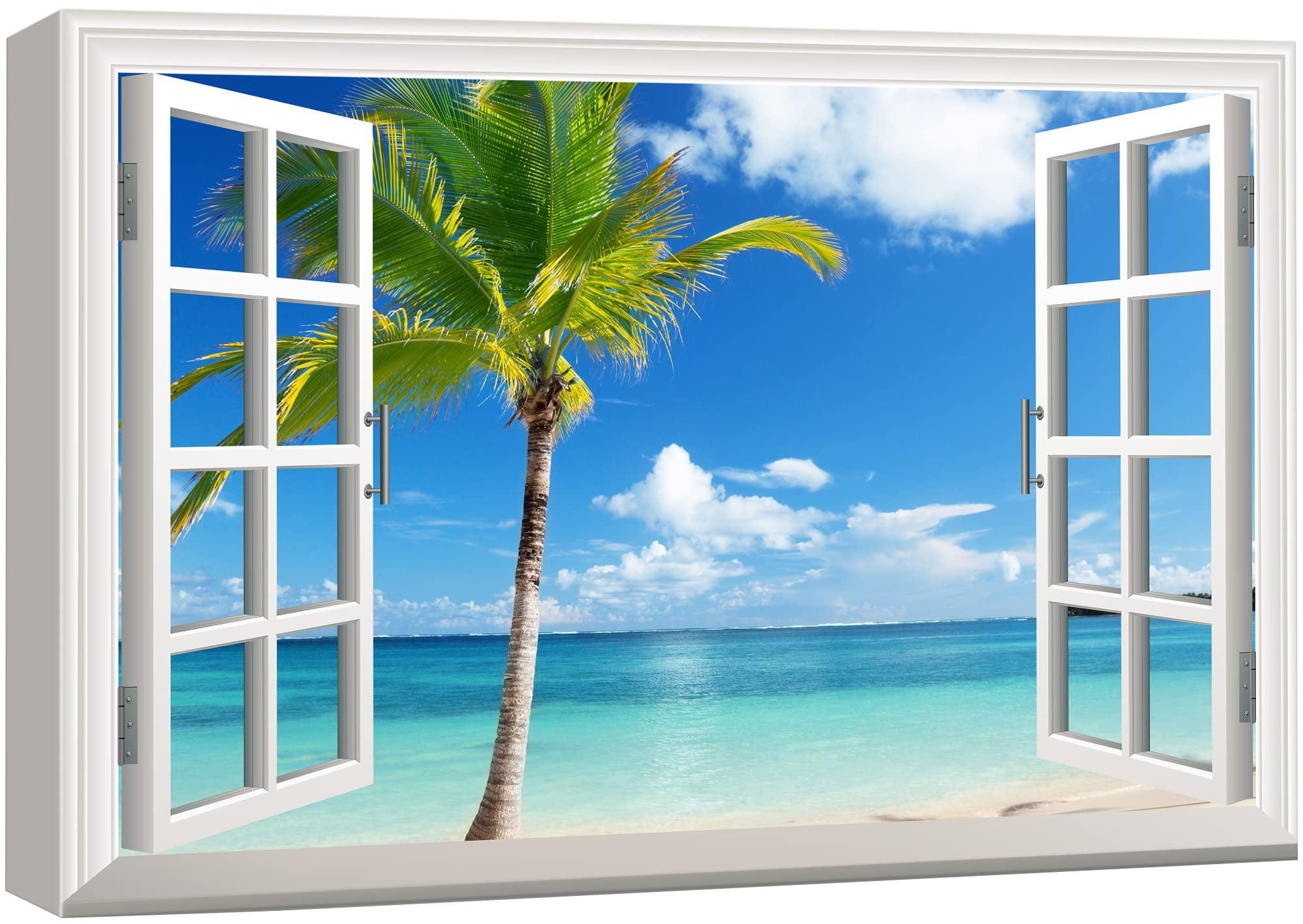 wall26 Canvas Print Wall Art Window View of Tropical Island Beach Paradise Nature Wilderness Photography Modern Art Rustic Scenic Colorful Ultra for Living Room, Bedroom, Office - 24"x36"