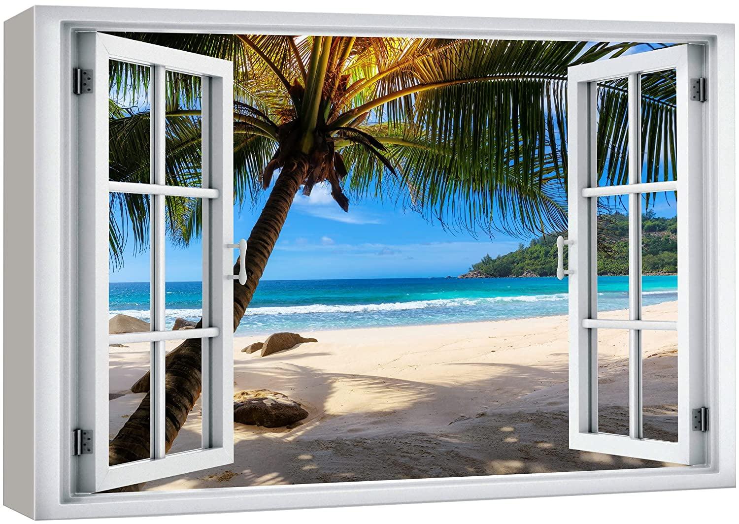 wall26 Canvas Print Wall Art Window View of Tropical Island Beach Paradise Nature Wilderness Photography Modern Art Rustic Scenic Colorful Ultra for Living Room, Bedroom, Office - 24"x36"