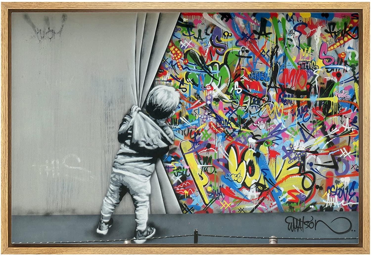 IDEA4WALL Pop Urban Street Banksy British Artist Kid Spray Paint Curtain Illusion Colorful Large Canvas Print Wall Art
