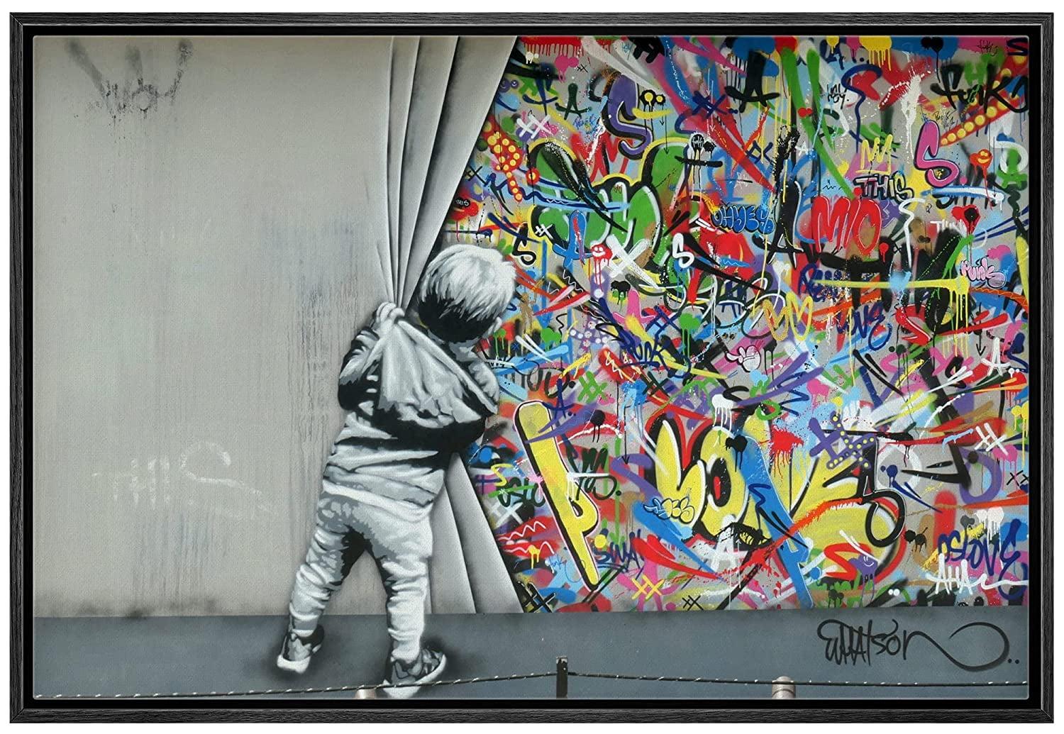 IDEA4WALL Pop Urban Street Banksy British Artist Kid Spray Paint Curtain Illusion Colorful Large Canvas Print Wall Art