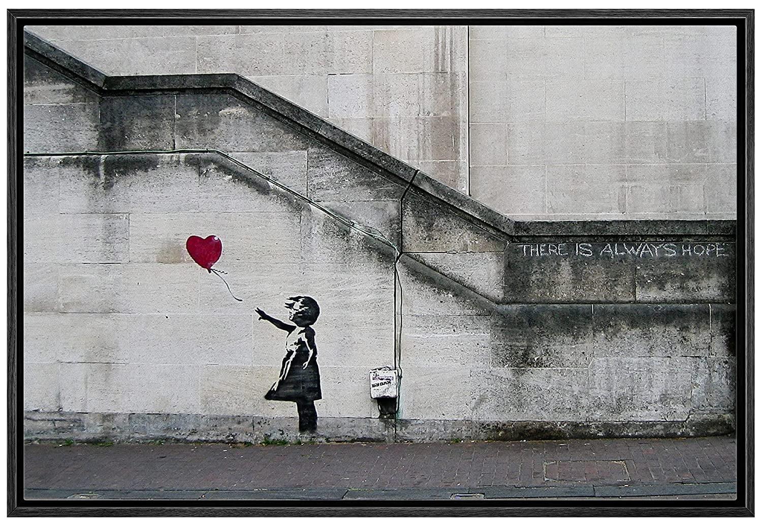 wall26 Framed Canvas Print Wall Art Banksy There is Always Hope Girl with Balloon Graffiti & Street Art Pop Culture Illustrations Pop Art Dark for Living Room, Bedroom, Office - 16"x24"