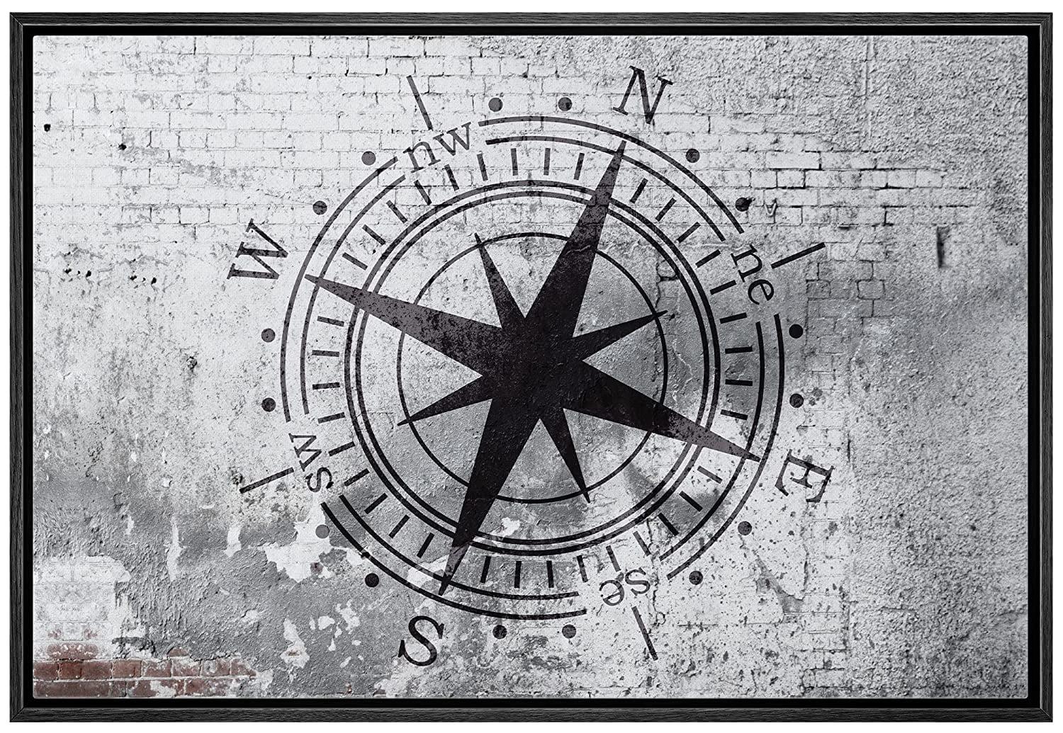 wall26 Framed Canvas Print Wall Art Compass on Gritty Gray City Brick Wall Abstract Shapes Digital Art Graffiti & Street Art Scenic Cityscape for Living Room, Bedroom, Office - 16"x24"