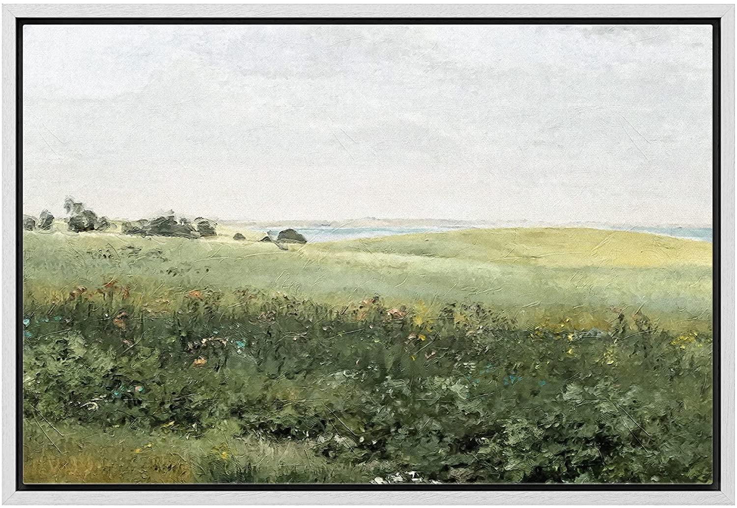 Green Meadow Hillside Wildflowers Field Nature Landscape Wall Art Framed On Canvas Painting Print