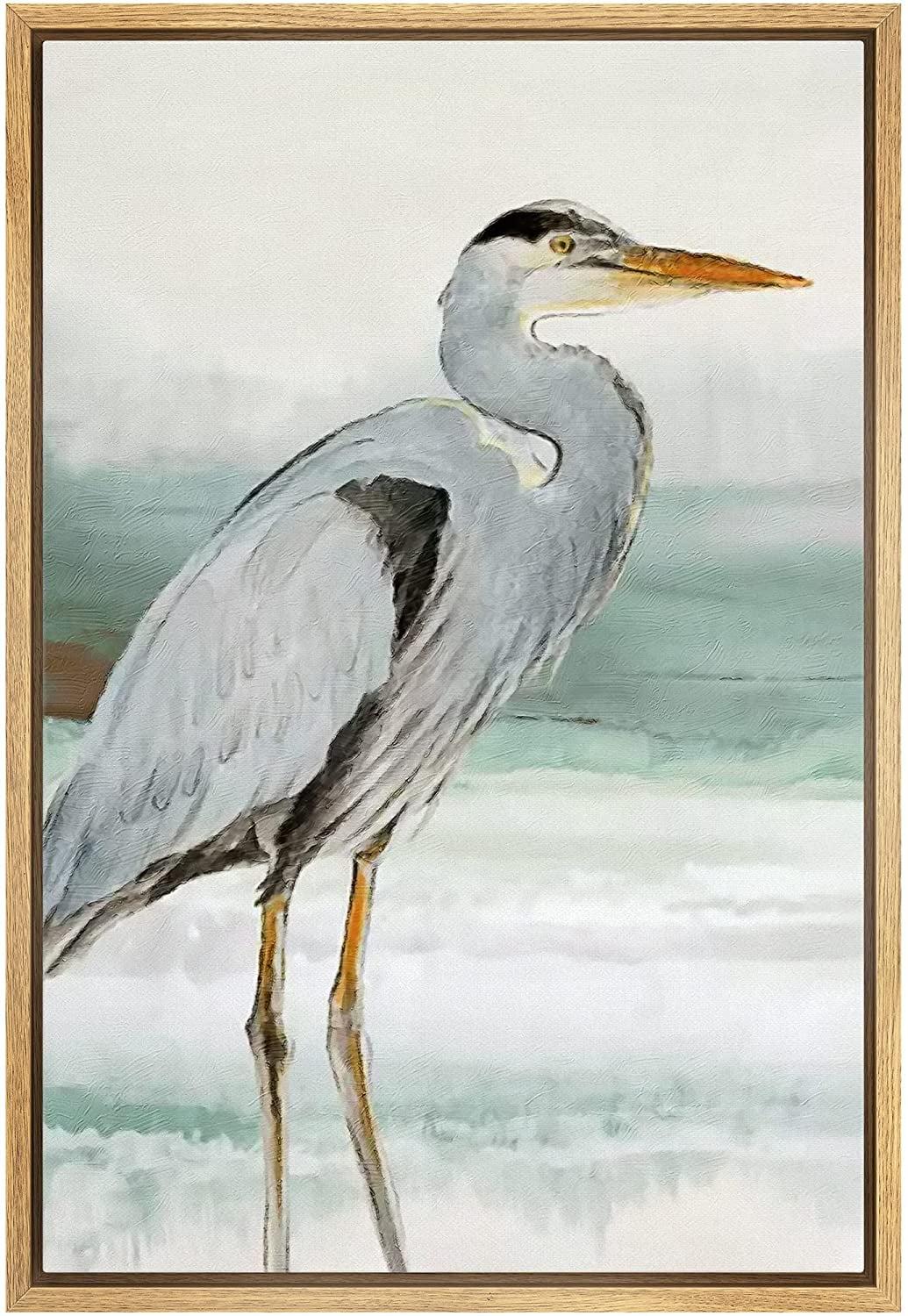 IDEA4WALL Crane Heron Bird " Pastel Beach Wave Ocean Crane Bird Nature Modern Zen Rustic "