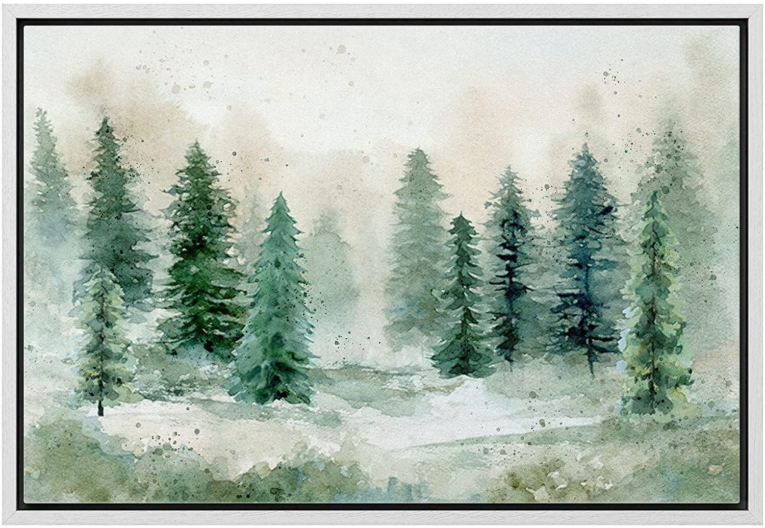 IDEA4WALL Woodland Forest Landscape " IDEA4WALL Framed Canvas Print Wall Art Woodland Nursery Decor Pastel Green Pine Tree Forest Landscape Nature Wilderness Fine Art Decorative Rustic For Living Room, Bedroom, Office "