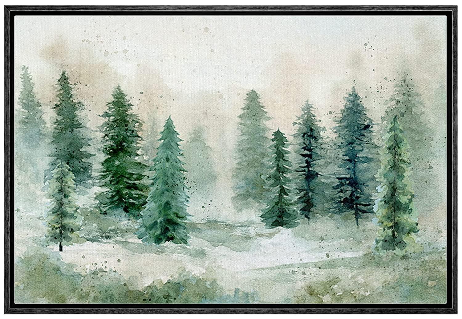 IDEA4WALL Woodland Forest Landscape " IDEA4WALL Framed Canvas Print Wall Art Woodland Nursery Decor Pastel Green Pine Tree Forest Landscape Nature Wilderness Fine Art Decorative Rustic For Living Room, Bedroom, Office "