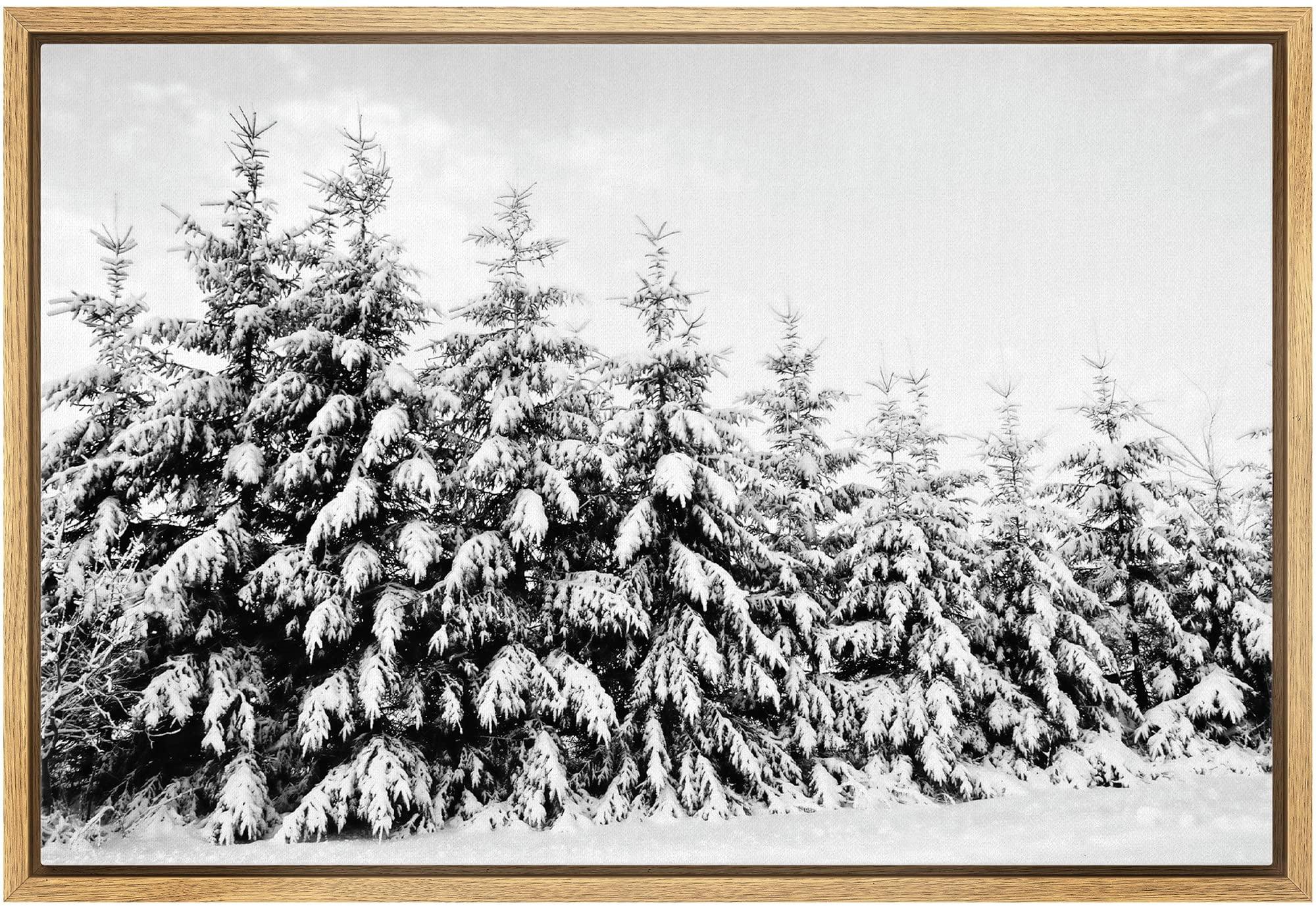 Natural Wood Framed Black and White Winter Landscape Canvas Print