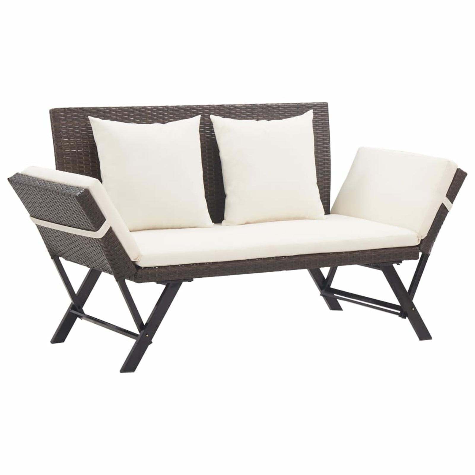 Convertible Poly Rattan Garden Bench with Creamy White Cushions