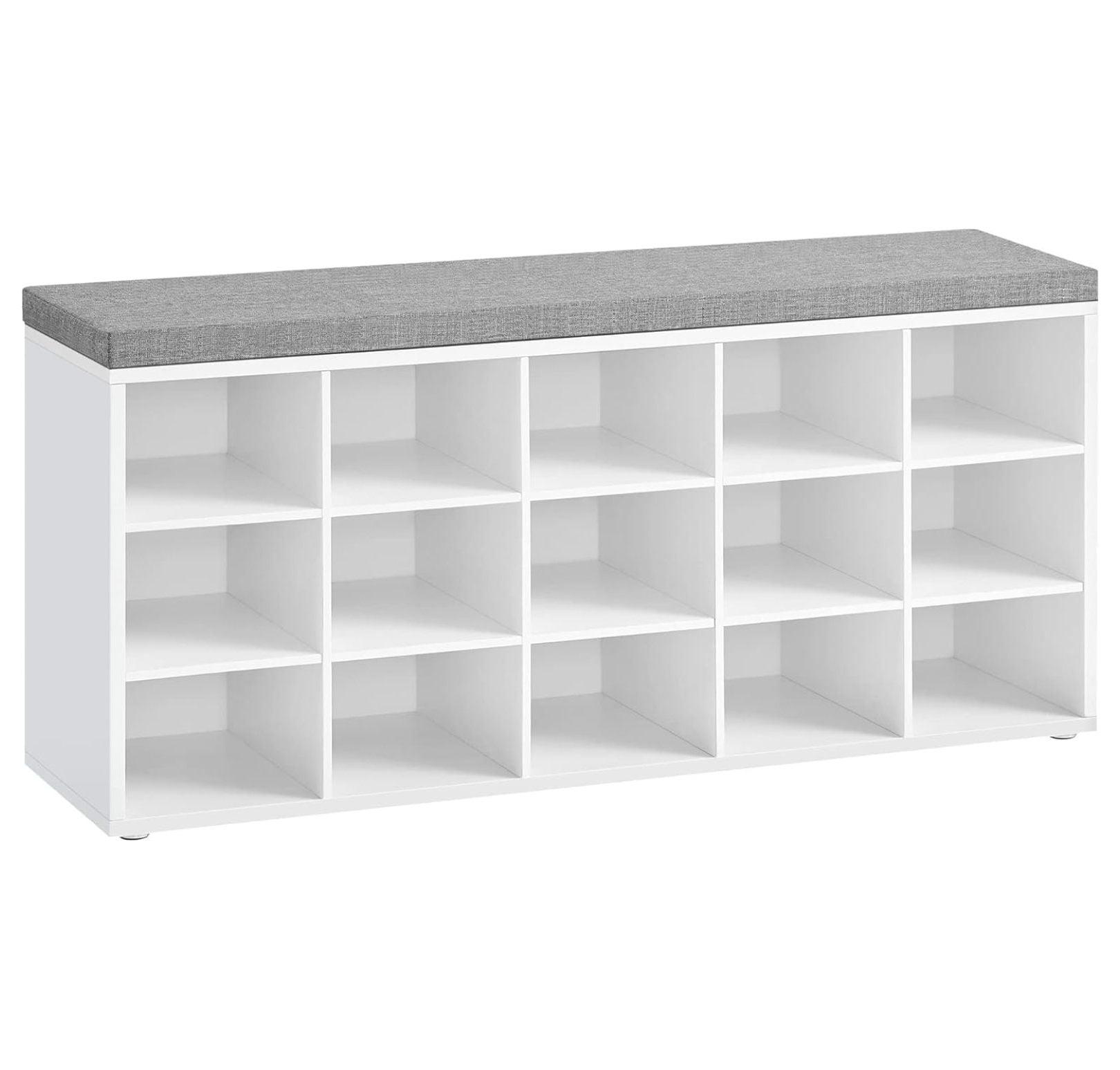 White and Gray Particleboard Shoe Storage Bench with Cushion