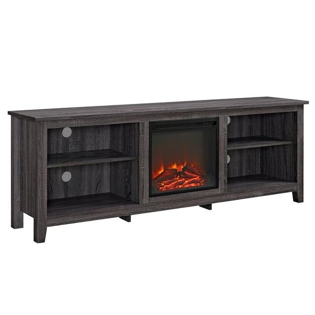 we furniture 70" wood media tv stand console with fireplace - charcoal