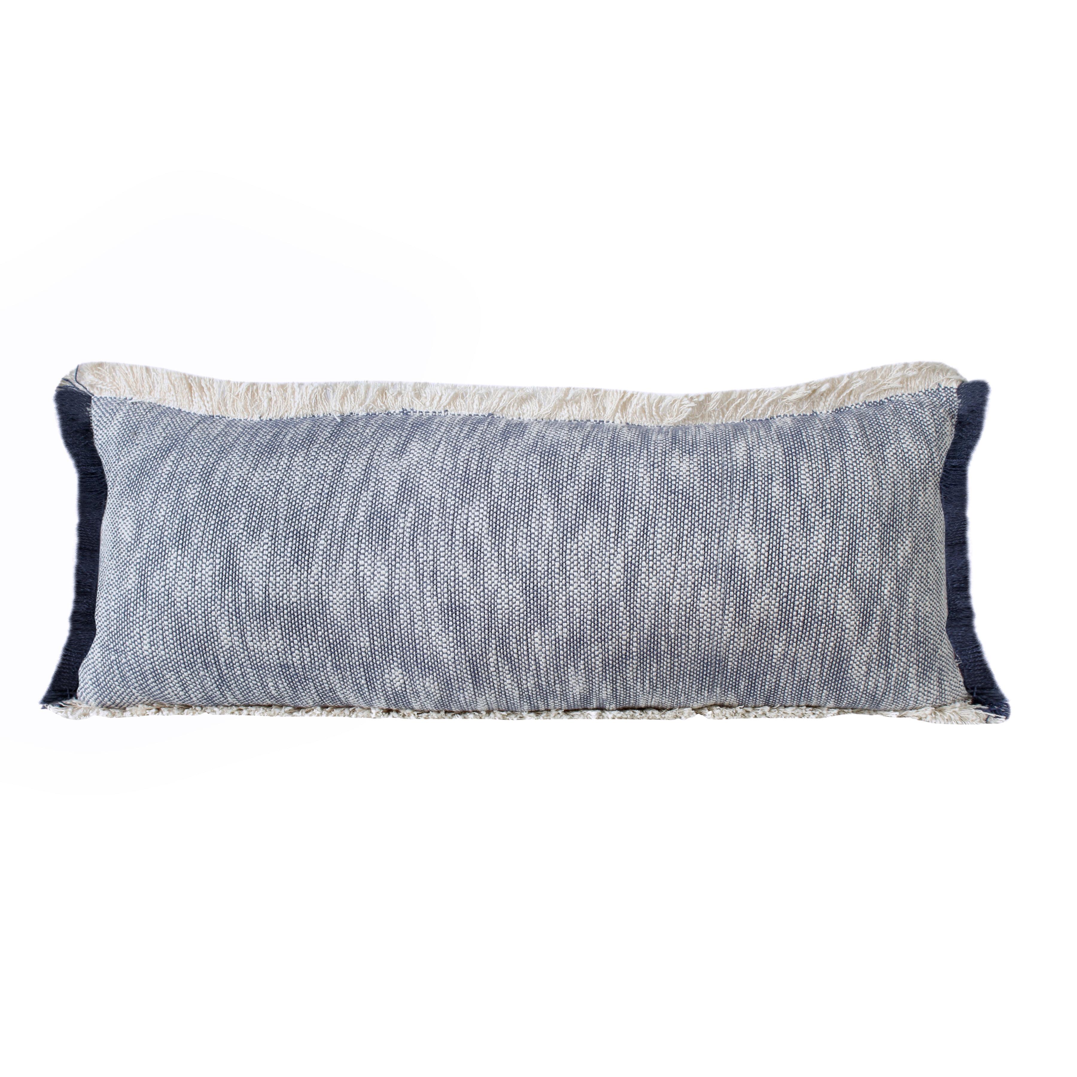 Navy Blue and White Cotton Lumbar Pillow with Fringe