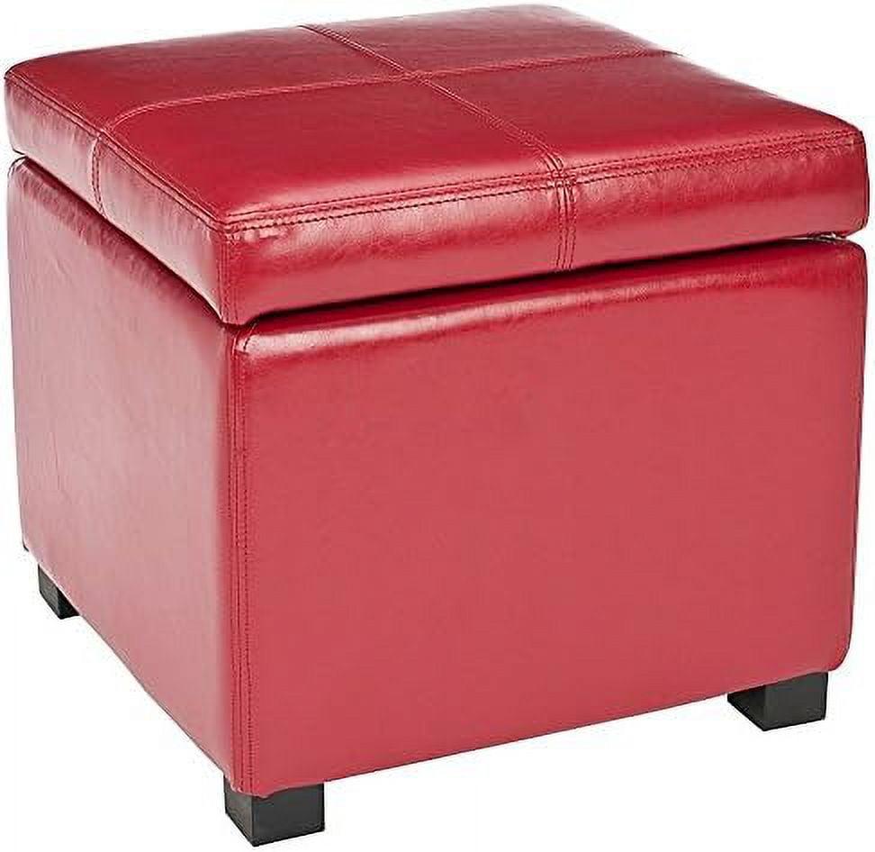 Transitional Red Leather 18'' Square Storage Ottoman