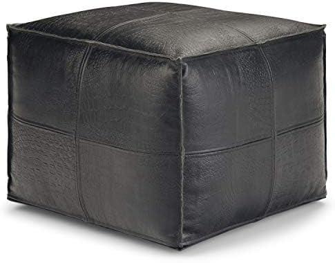 Bohemian Black Genuine Leather Square Pouf Ottoman