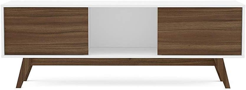 Sleek Dual-Tone White/Walnut TV Stand with Cabinet Storage