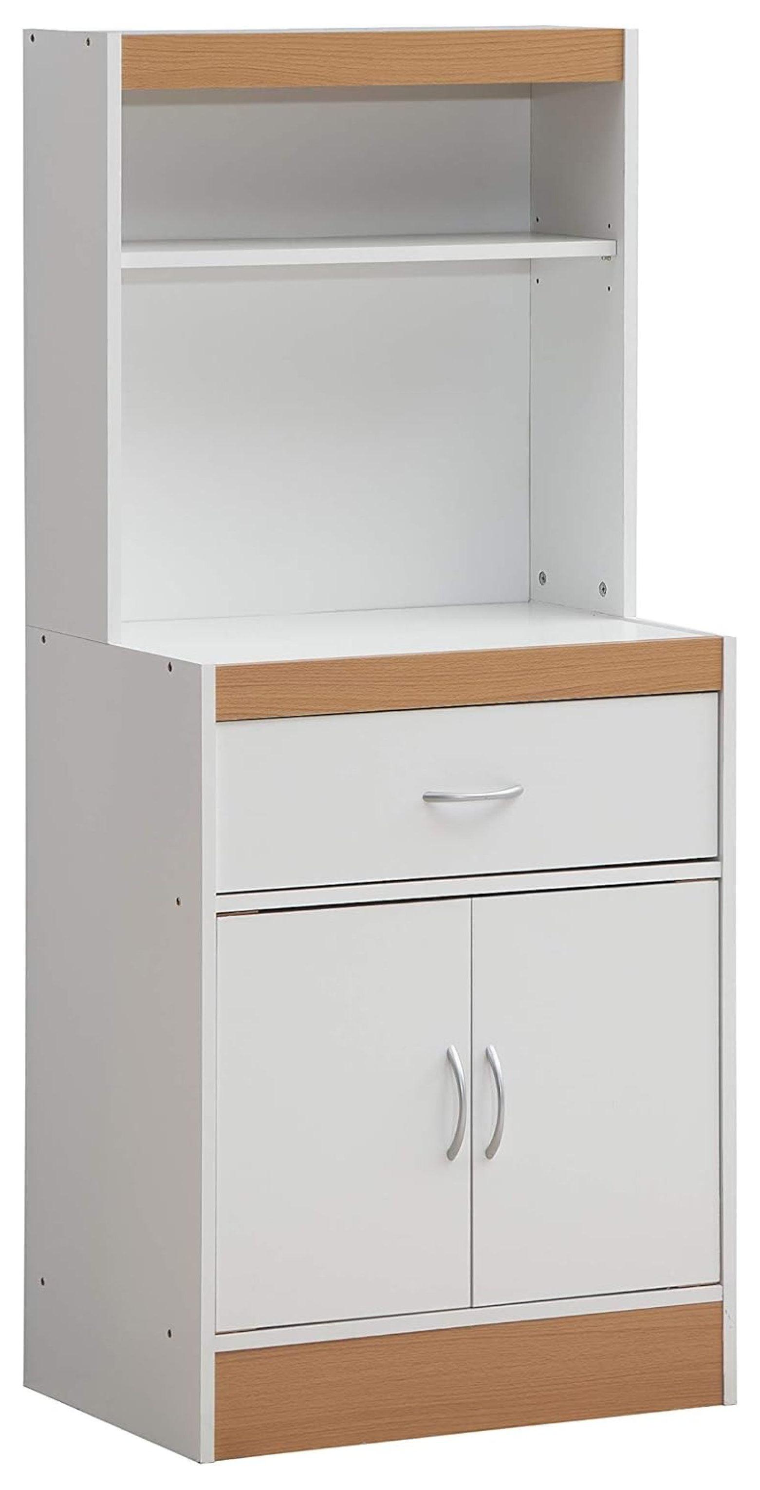 White Tall Kitchen Cabinet with Open Shelves and Drawer