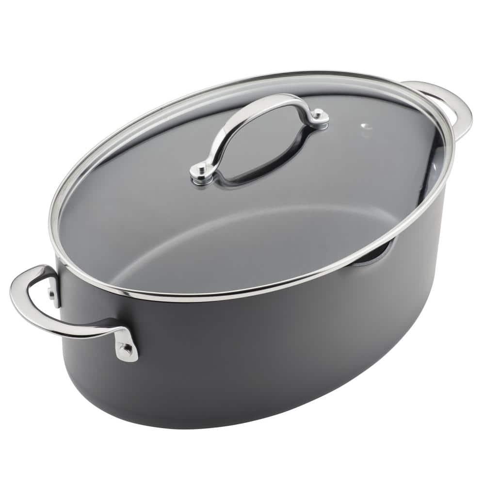 Rachael Ray 8qt Hard Anodized Nonstick Oval Pasta Pot and Braiser Gray: Tempered Glass Lid, Dishwasher & Oven Safe