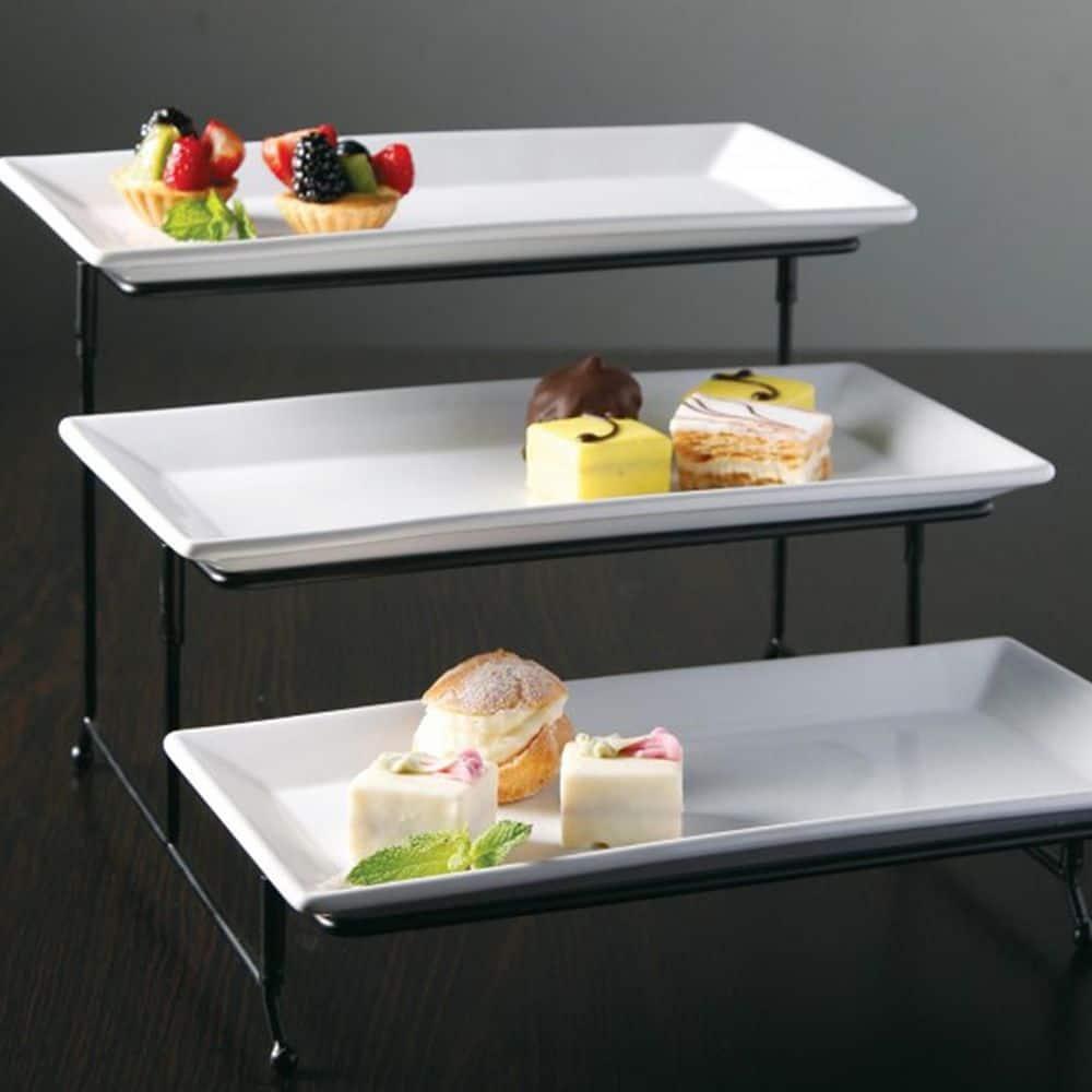 Gibson Elite Porcelain Gracious Serving Plate Set with Metal Stand: Tiered Cupcake & Serving Tray, Rectangle