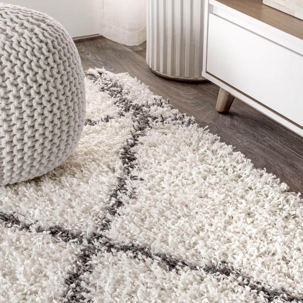 8'x10' Mercer Shag Plush Tassel Moroccan Geometric Trellis Area Rug, Cream/Grey - JONATHAN Y