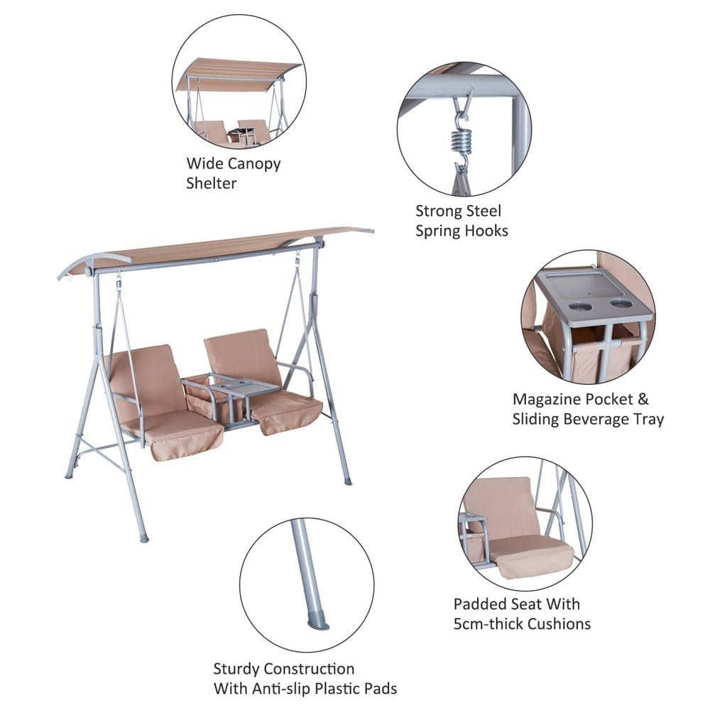 Outsunny 2 Person Porch Swing with Stand, Outdoor Swing with Canopy, Pivot Storage Table, 2 Cup Holders, Cushions for Patio, Backyard, Beige