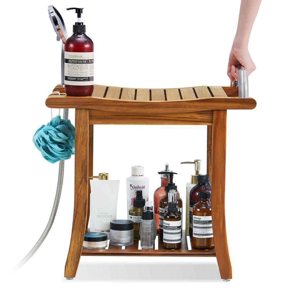 Utopia Alley 20'' Teak Shower Bench with Handle, Large Teak Shower Stool for Bathroom, Waterproof Bathroom Bench - Teak Shower Stool