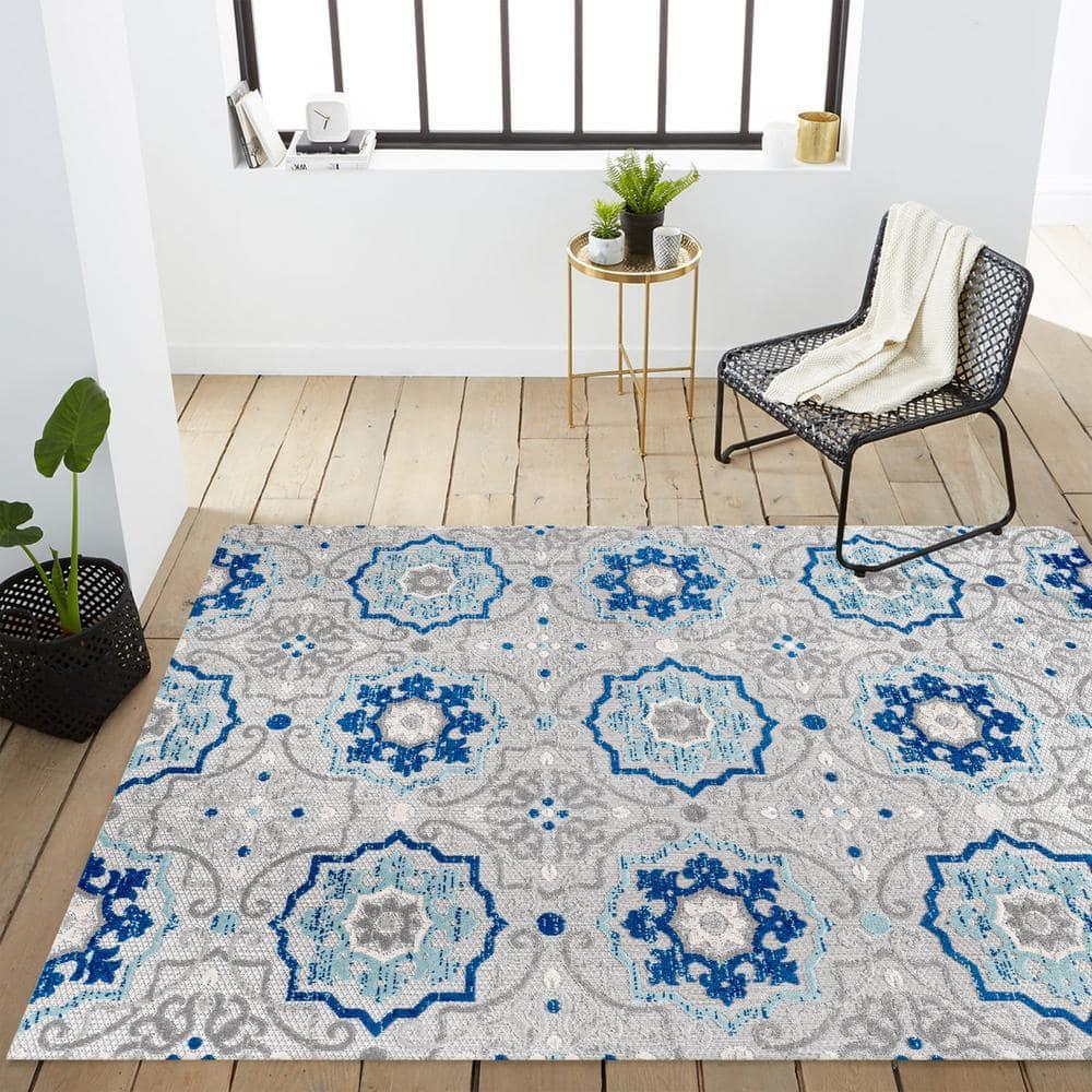 8'x10' Mediterranean Medallion Indoor/Outdoor Area Rug, Blue/Gray - JONATHAN Y