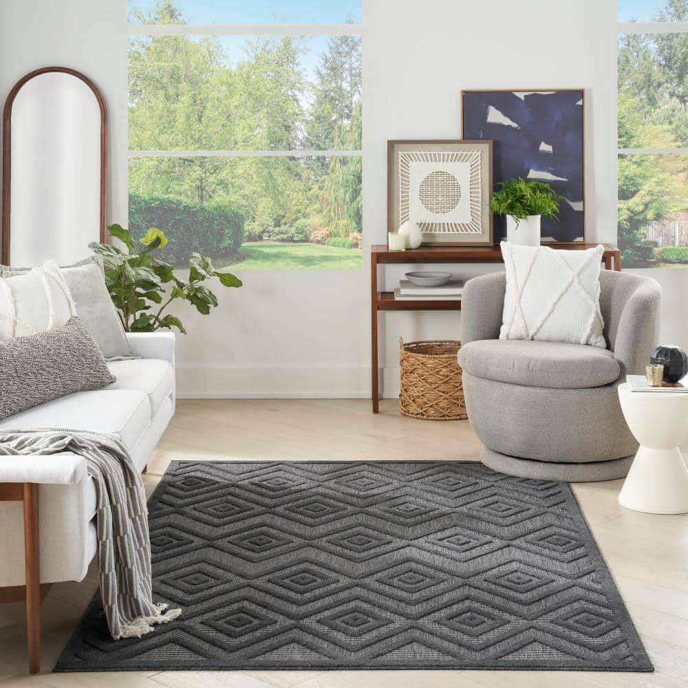Nourison Versatile Diamond Geometric Flatweave Indoor Outdoor Area Rug Charcoal/Black 6' x 9'