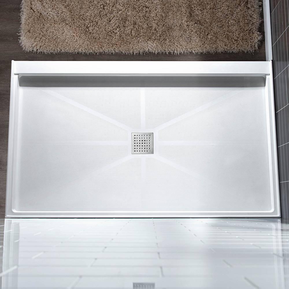 60" x 36" Solid Surface Single Threshold Shower Pan Base with Drain Assembly & Drain Cover Included, Non-Slip